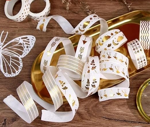 Golden Decorative Washi Tape Set for Crafting, Journaling, Scrapbooking | Gold Foil Design | DIY Paper Craft & Stationery Tape Roll - Ideal for Gift Wrapping | Set of 6-1.5mmx5meter (Golden Printed)