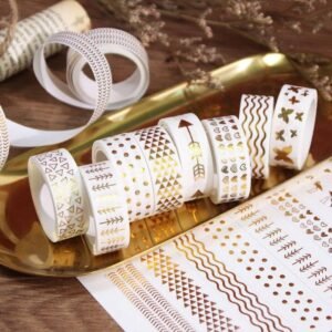 Golden Decorative Washi Tape Set for Crafting, Journaling, Scrapbooking | Gold Foil Design | DIY Paper Craft & Stationery Tape Roll - Ideal for Gift Wrapping | Set of 6-1.5mmx5meter (Golden Printed)