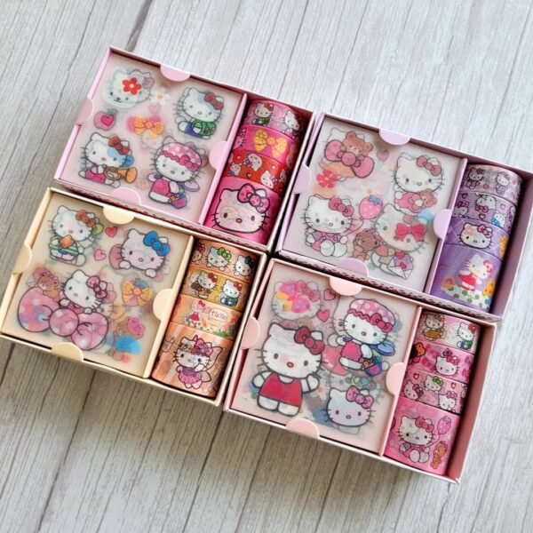 Cute Kitty Washi Tape Set 4 Rolls, 2 Stickers Decorative Masking Tapes for Arts, DIY Crafts, Journals, Planners, Scrapbook, Wrapping - Multicolor