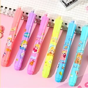 Highlighter Chisel Pen Set – Cute Cartoon Design with Stamp Art for Kids, Pack of 6 Vibrant Colors, Quick-Dry, Smudge-Proof, Dual Tip for School & Journaling
