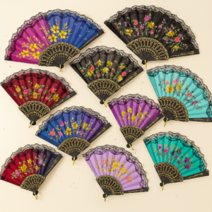 Black Color Flower Floral Pattern Hand Held Folding Plastic Japanese Silk Hand Fan for Girls Women Pack of 2